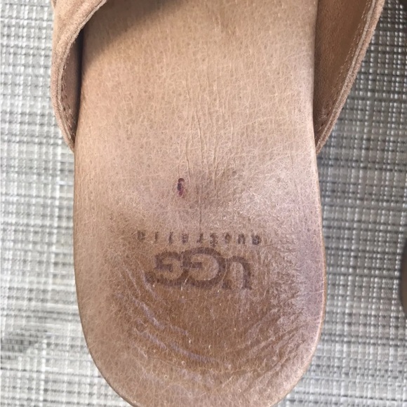 UGG Abbie Clogs Brown Suede Slip On Wood Heel Womens 8 Sheepskin Lined F8910E - Picture 10 of 11